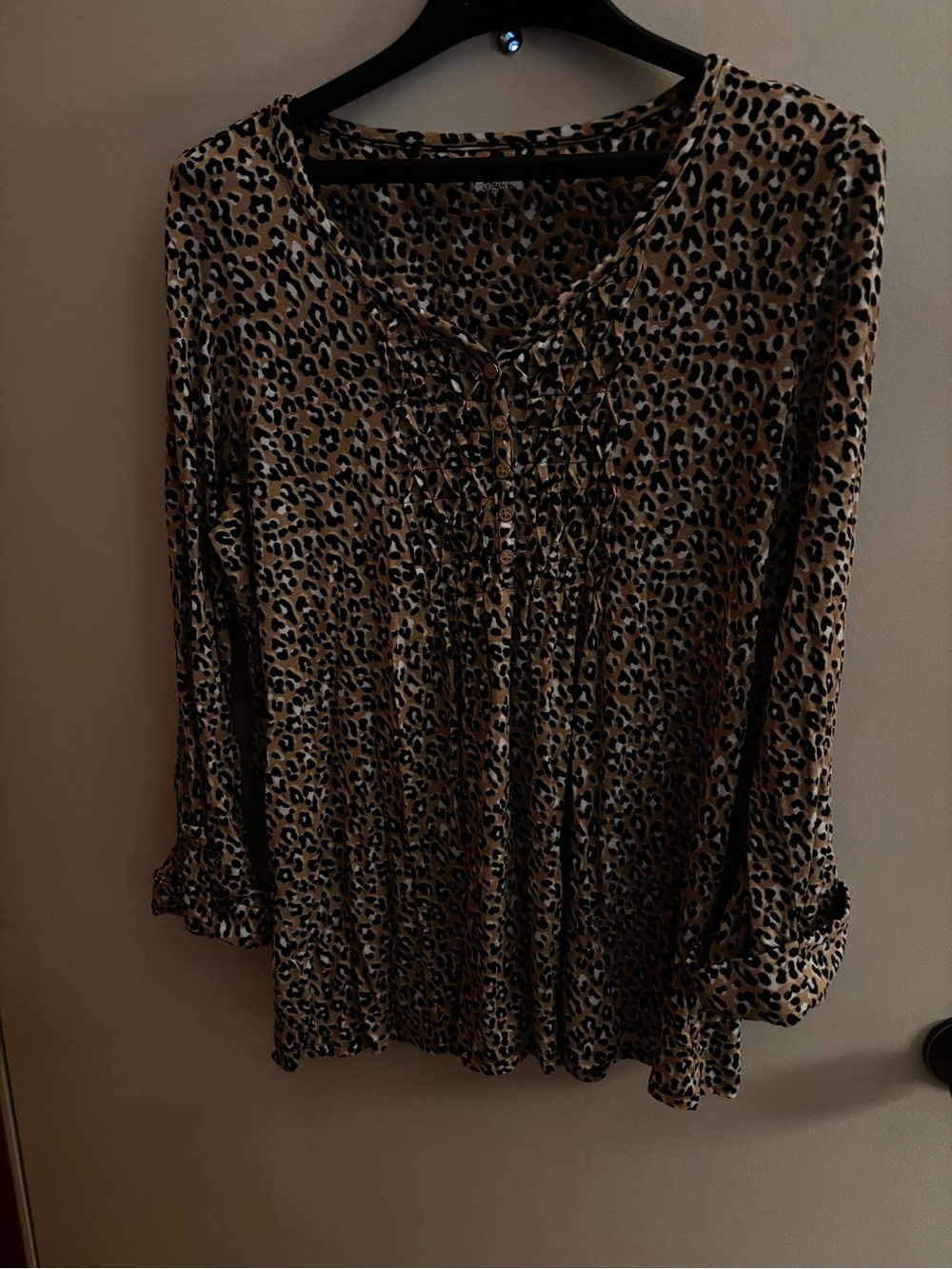 Kim Rogers Leopard Print Long-Sleeve Peasant Top - Taupe/Black